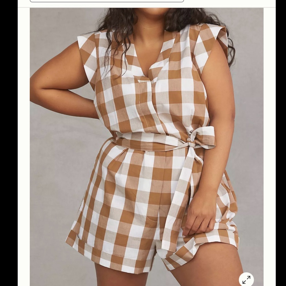 Anthropologie Tan and White Gingham Belted Romper - Picture 5 of 13